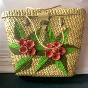 Vintage Straw Handbag with embossed flowers